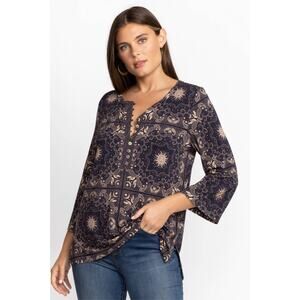 Johnny Was Runa Button Front Henley Tee Womens Medium Boho Hippie Casual Navy